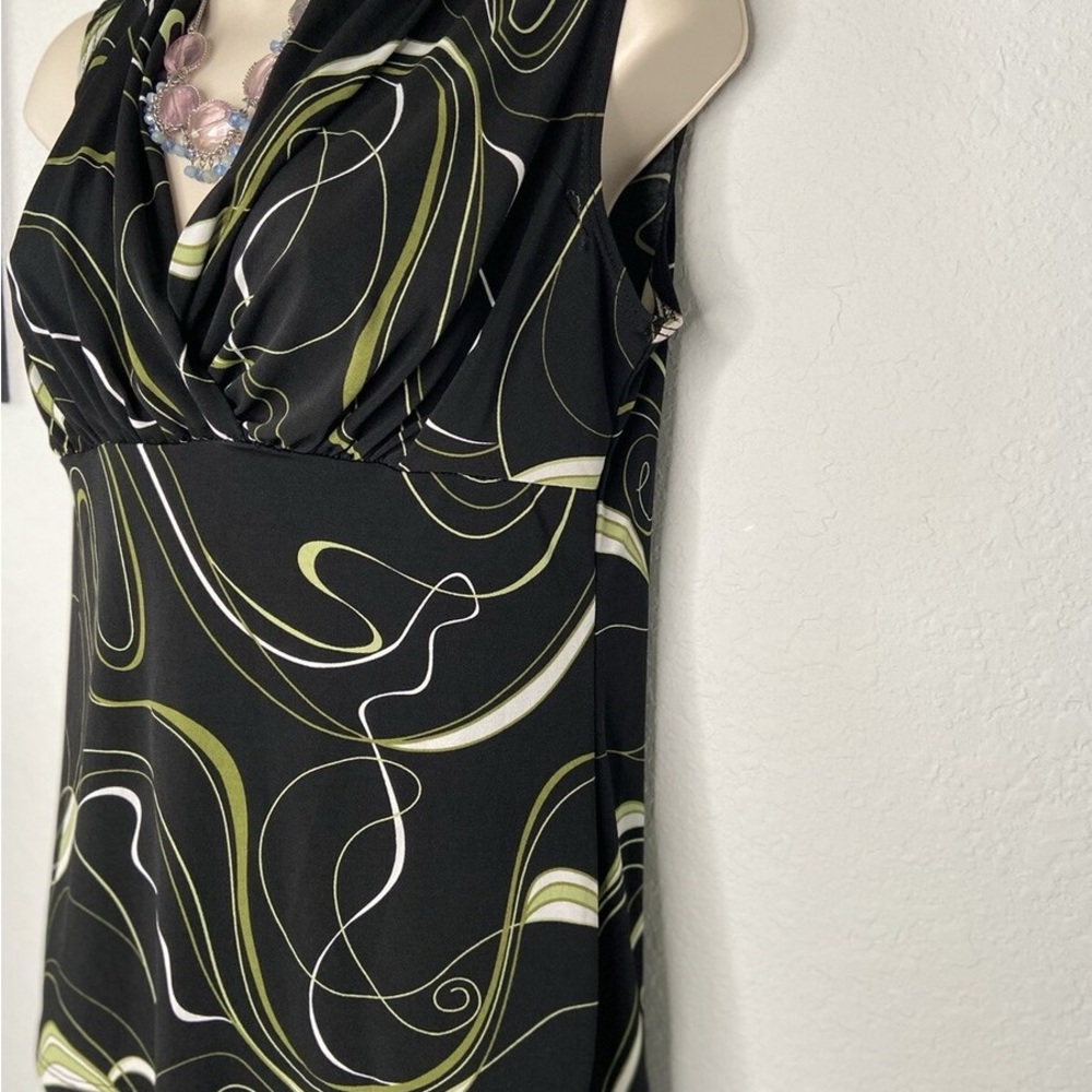 JKLA California Black Sleeveless Cowl Neck Blouse with Olive & White Swirls